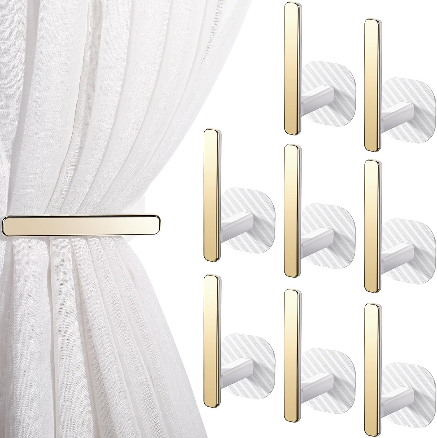8 Pack White & Gold Queekay Curtain Holders Gold Curtain Holdbacks Self Adhesive Drapery Tiebacks L Shaped Hooks Nordic Style Window Treatment Holdbacks for Home Office Decor(White,8 Pcs)